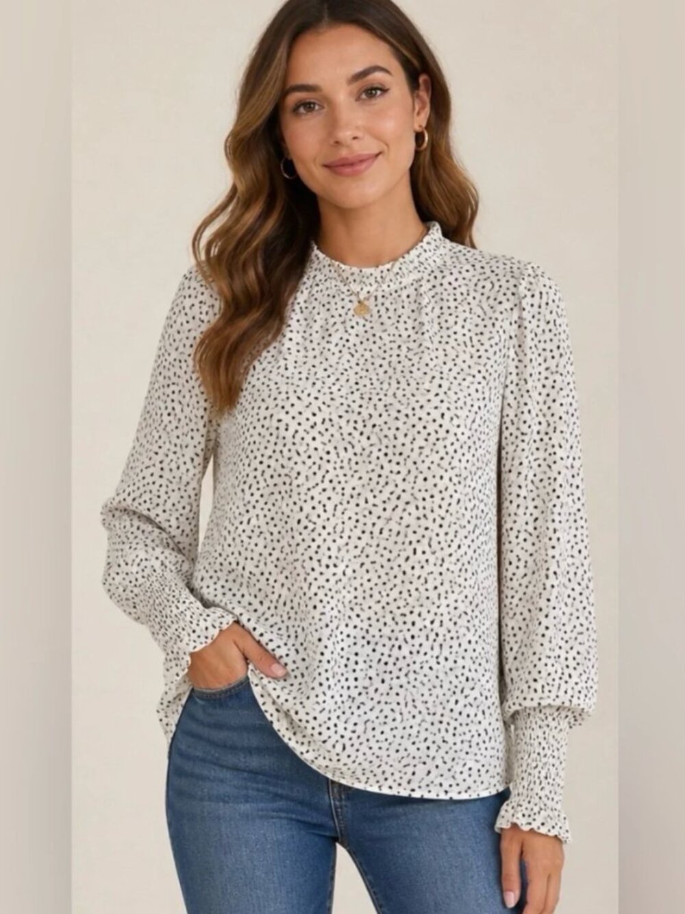 Maison d'Amélie White with Black Dots Smocked Cuff Long Sleeve Blouse sz S